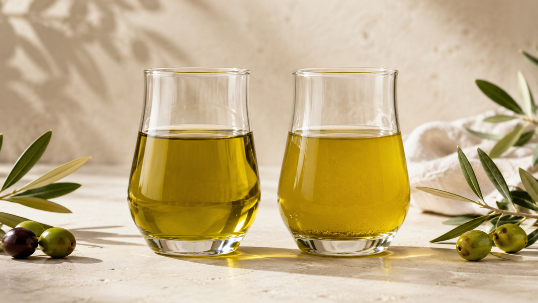 A photo comparing filtered and unfiltered olive oil side-by-side in glass