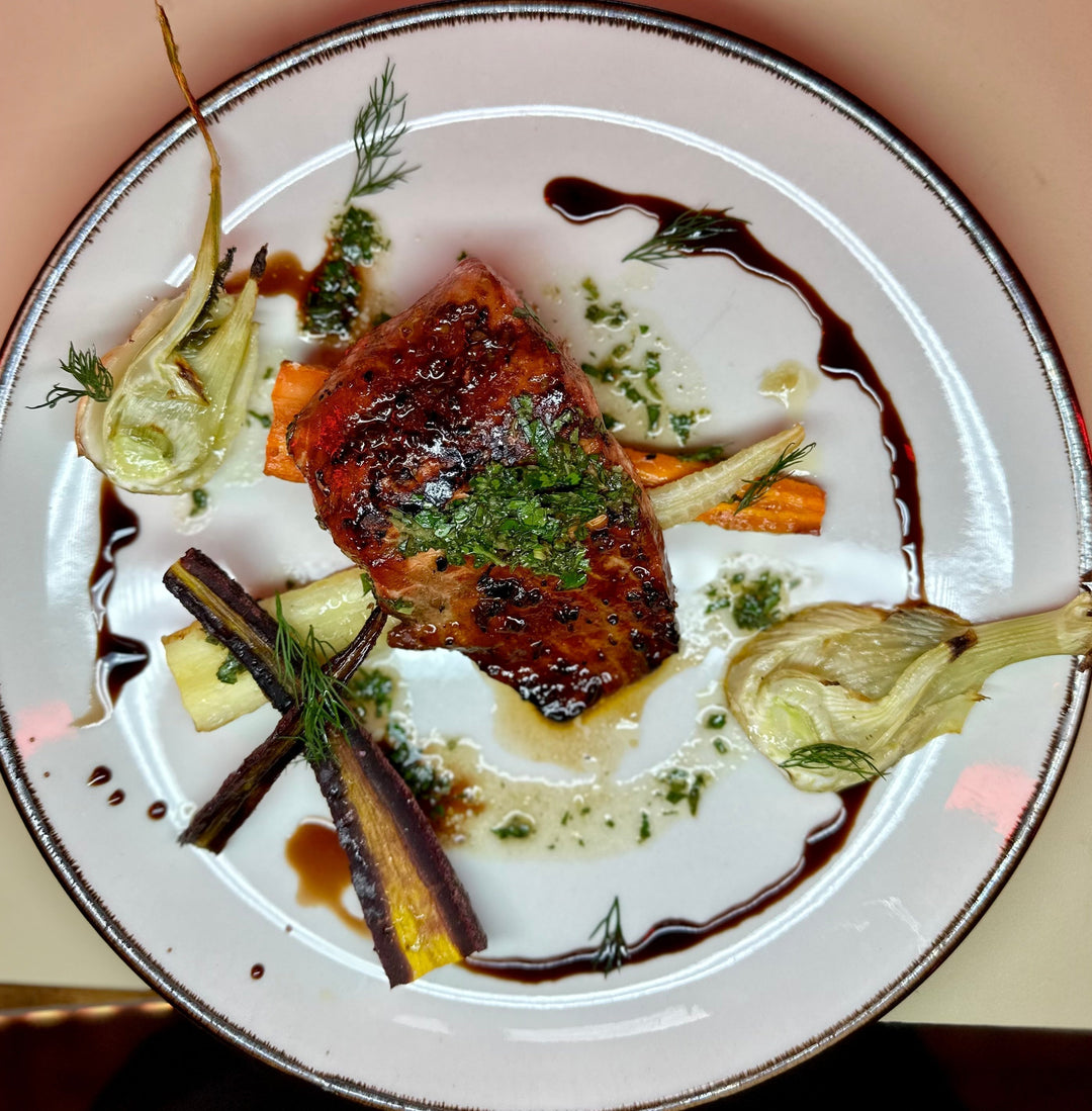 Pomegranate Glazed Salmon with Roasted Vegetables & Herb Gremolata
